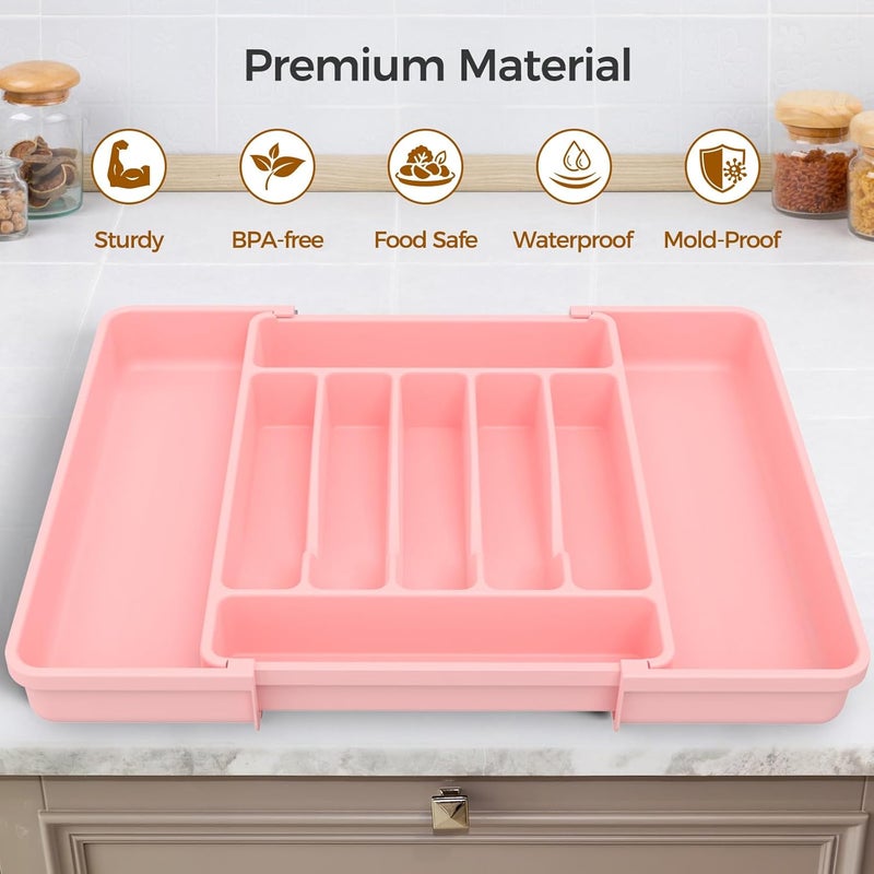 ukeetap Extra Large Expandable Silverware Organizer, BPA-Free Food-Safe Cutlery Flatware Organizer, Kitchen Utensil Drawer Organizer, Adjustable Silverware Holder for Spoons Forks Knives, Pink - Image 4